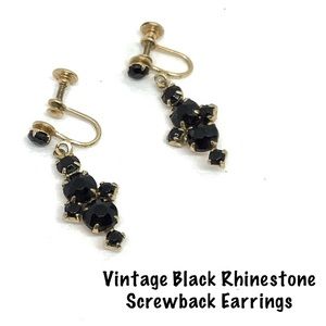 Vintage Black Rhinestone Screwback Earrings